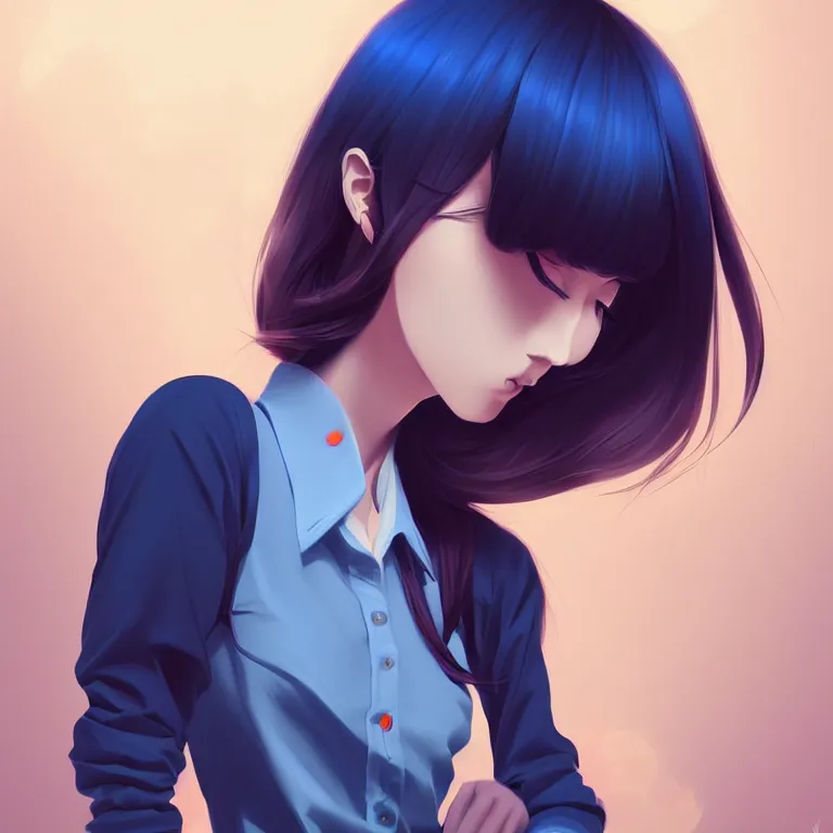 Image similar to urban high school girl in shirt fanart, dark blue long hair, muted colors, matte print, pastel colors, ornate, digital art, digital painting, fan art, elegant, artstation, by Ilya Kuvshinov