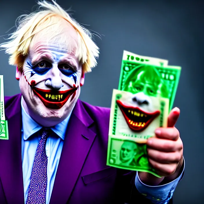 Image similar to photo of boris johnson dressed like satan and the joker holding bundles of cash, highly detailed, 4 k, hdr, smooth, sharp focus, high resolution, award - winning photo