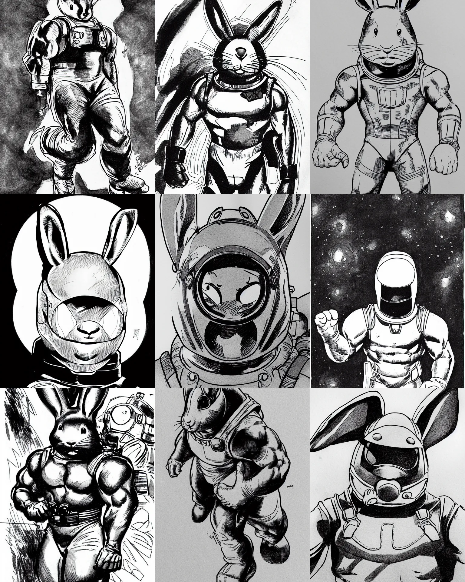 Prompt: rabbit!!! jim lee!!! medium shot!! flat grayscale ink sketch by jim lee close up in the style of jim lee, floating astronaut spacesuit, giant astronaut helmet, astronaut hulk rabbit animal astronaut by jim lee