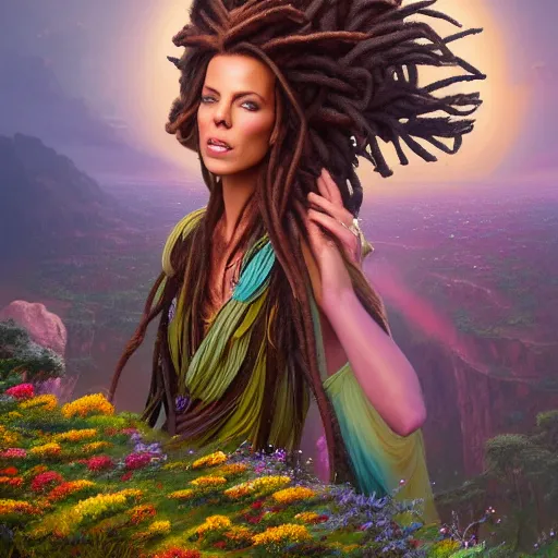 Image similar to a very regal kate beckinsale with colorful dreadlocks and lots of jewlery sitting on a cliff overlooking a field of colorful flowers with a giant glowing baobab tree in the middle, it is sunset, by greg rutkowski and android jones and Alena Aenami in a surreal cyberpunk! style, oil on canvas, highly detailed face, 8k hd,