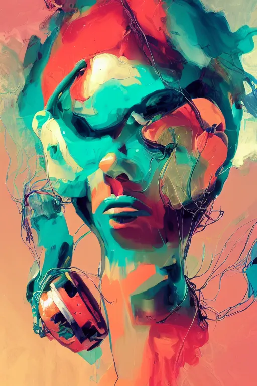 Prompt: epic 3 d abstract 🇵🇷 headset hacker, spinning hands and feet, 1 6 mm, plum and teal peanut butter melting smoothly into asymmetrical ficus and fig leaves, thick wires looping, waveforms, kinetic, floating monitors, houdini sidefx, trending on artstation, by jeremy mann, ilya kuvshinov, jamie hewlett and ayami kojima