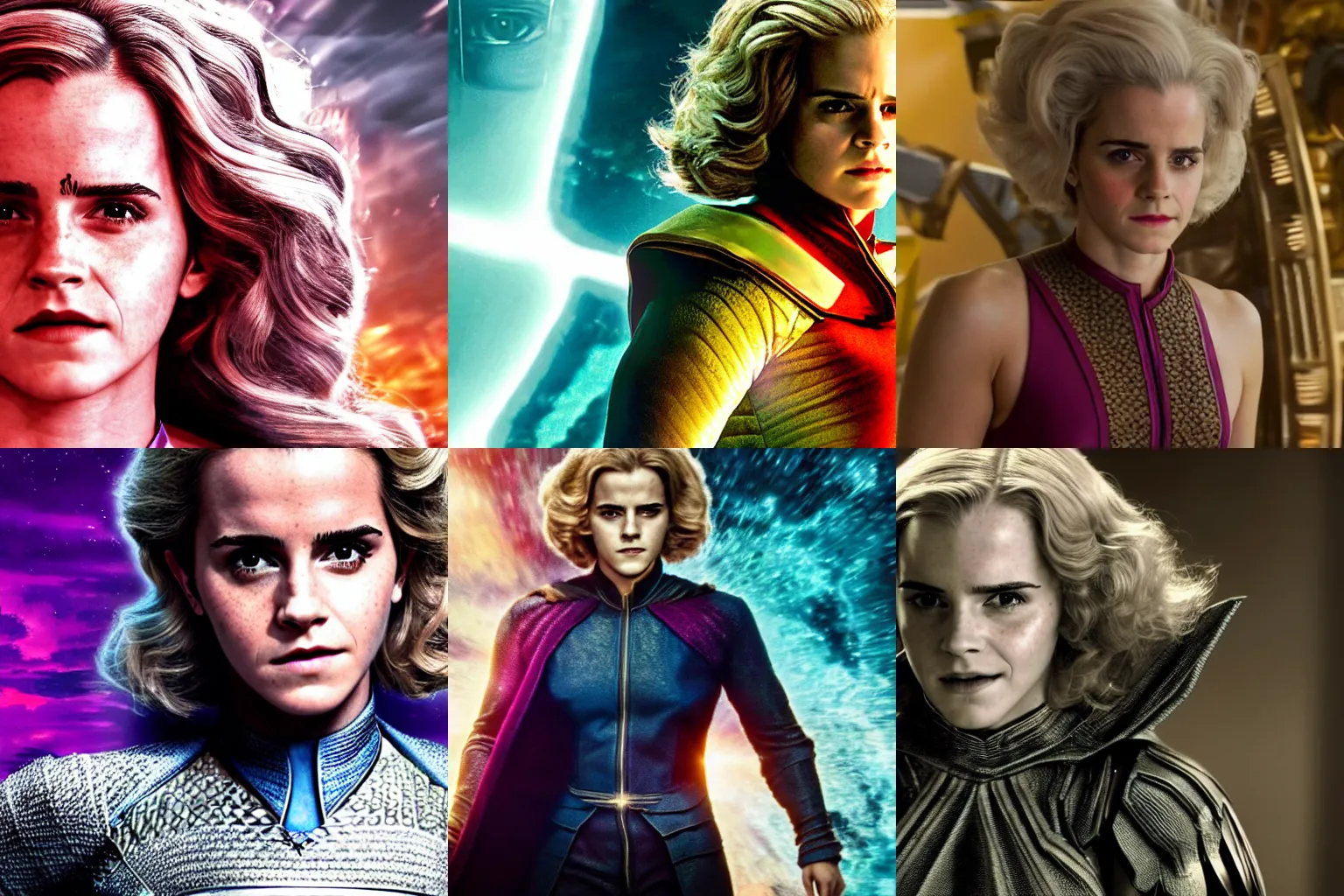 Prompt: A cinematic still of Emma Watson as Granny Goodness in a movie about Jack Kirby's Fourth World. live action. soft studio lighting, award-winning cinema.
