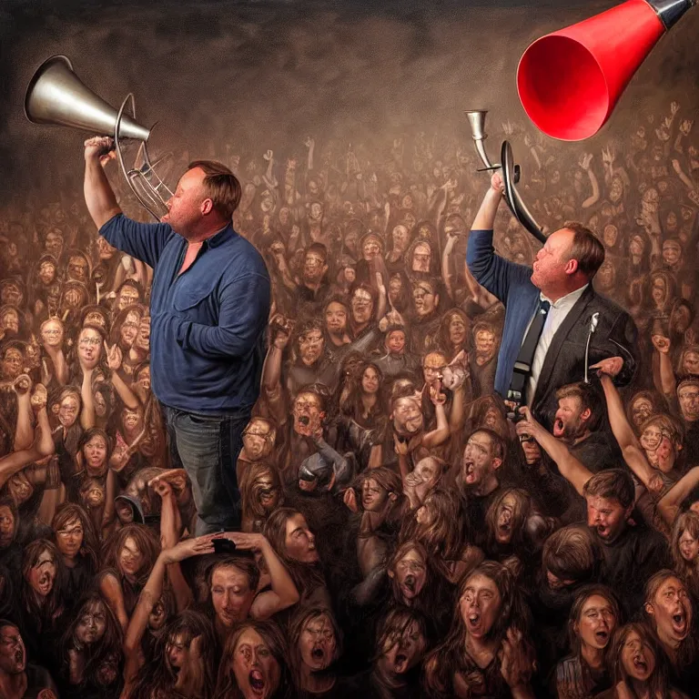 Image similar to epic professional digital art of alex jones holding a bullhorn, atmospheric lighting, painted, intricate, detailed, by leesha hannigan, wayne haag, reyna rochin, ignacio fernandez rios, mark ryden, iris van herpen.