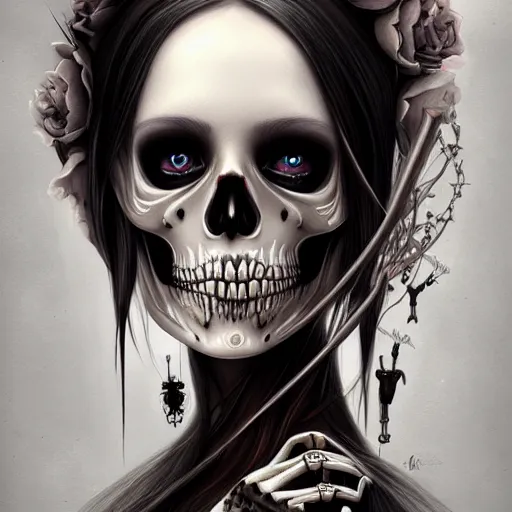 Image similar to a portrait of a skeleton, Anna Dittmann, dark, gothic, highly detailed, masterpiece, sharp, digital art, surreal, featured on artstation, HD, 8K