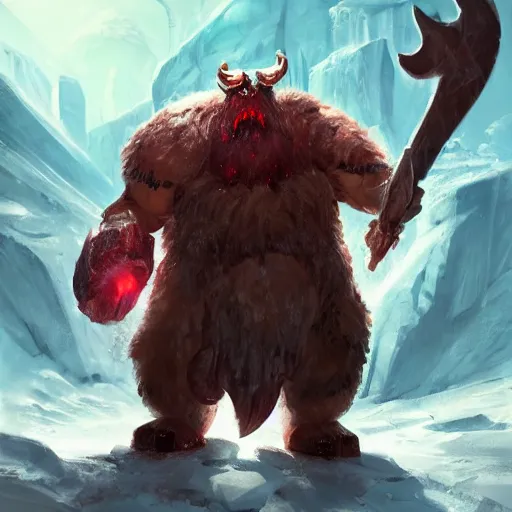 Image similar to ornn with beard the molten god ram of forge with his anvil in the ice world by greg rutkowski