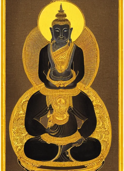 Image similar to detailed illustration of an anthropomorphic asian black bear Buddhist bodhisattva, seated in royal ease, 0.1 black micron pen, gilded gold halo behind head, highly detailed, fine pen work, religious iconography,