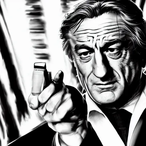 Image similar to Robert De Niro stars in Sin City movies, incredibly detailed, photorealistic, Black and white, cinematic lighting, trending on artstation, 4k, hyperrealistic