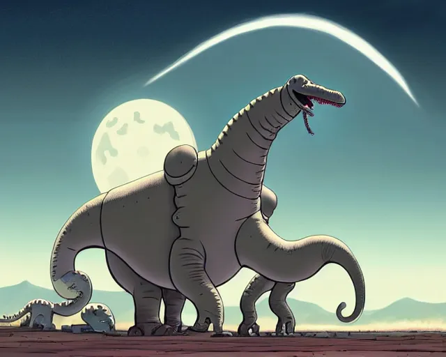 Image similar to a cell shaded cartoon giant grey lovecraftian mechanized brontosaurus from howl's moving castle ( 2 0 0 4 ), with a big head, on a desert road, wide shot, in front of a big moon, muted colors, post grunge, josan gonzales, wlop, by james jean, victor ngai, hq, deviantart, art by artgem