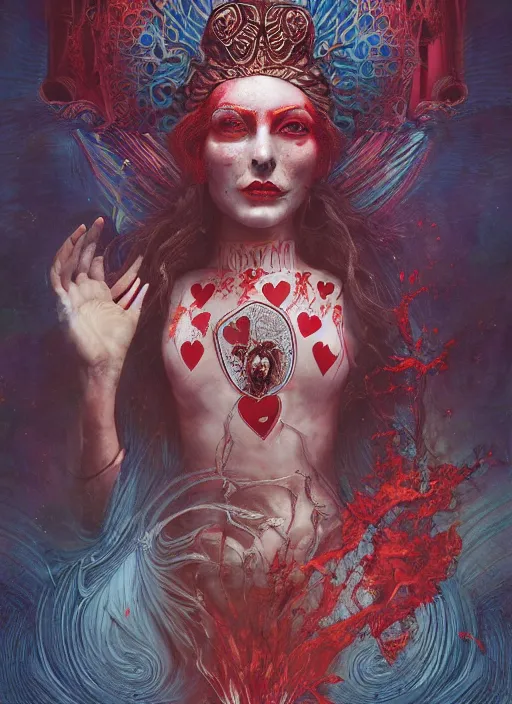 Image similar to queen of hearts the magician tarot card, highly detailed, cinematic, 8 k, by megan duncanson, stanley artgermm, tom bagshaw, craig mullins, carne griffiths, ayami kojima, beksinski, giger, trending on deviantart, hyper detailed, horror, full of colour