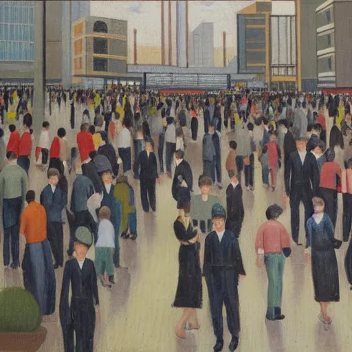 Image similar to painting of commuters heading to the central business district of singapore, painted by laurence stephen lowry, oil on canvas, national gallery