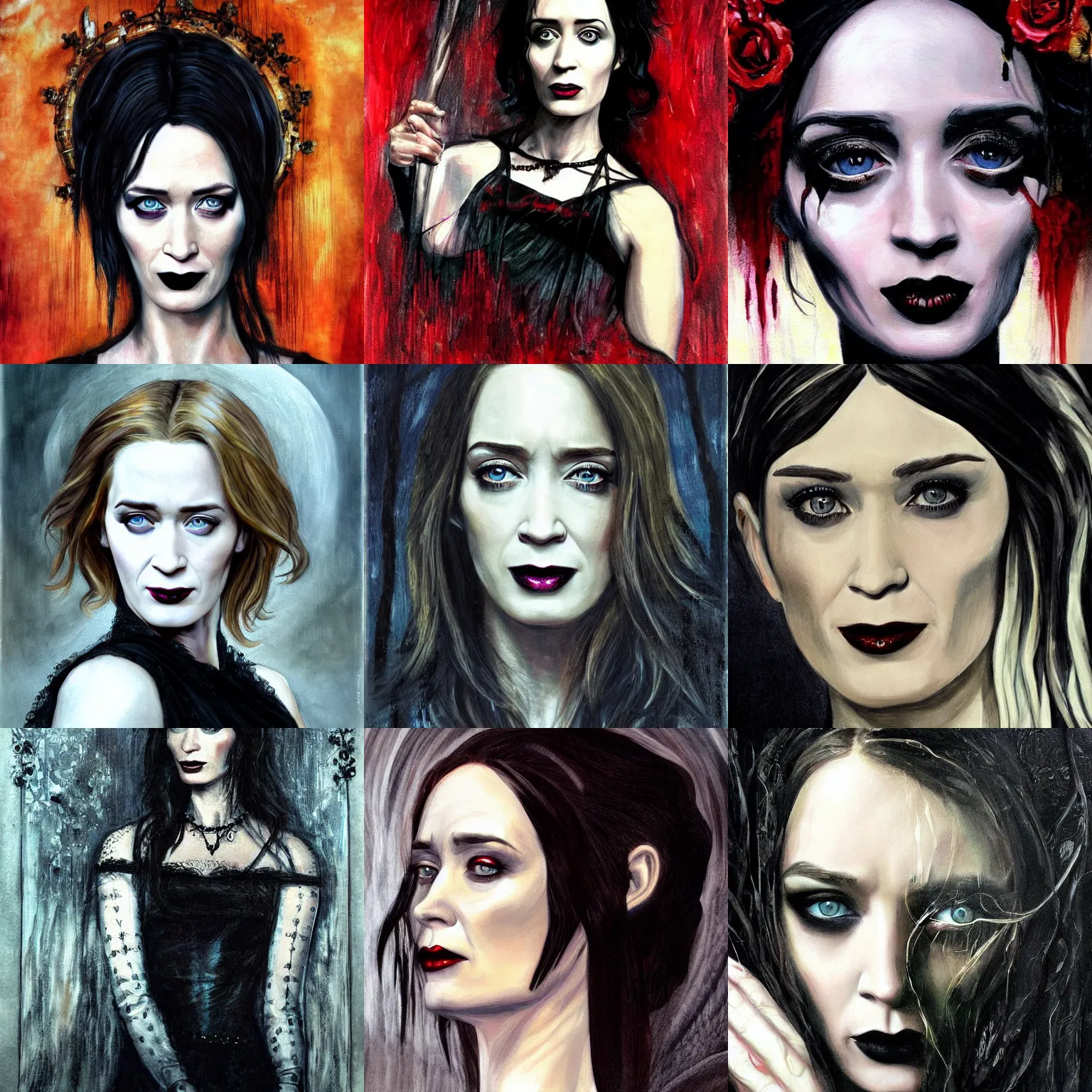 Prompt: Emily Blunt as a Gothic style romanticism close-up painting,