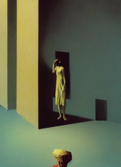 Image similar to woman in paper bag over the head and a sward Edward Hopper and James Gilleard, Zdzislaw Beksinski, highly detailed