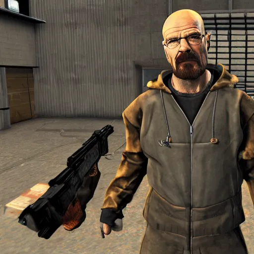 Prompt: Walter White wearing the HEV suit from Half-Life, holding a crowbar