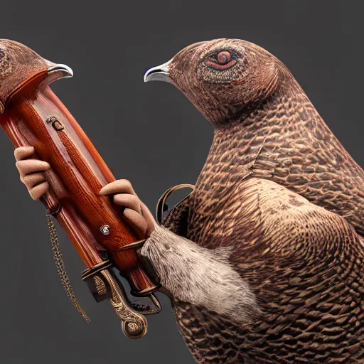 Image similar to a 3 d model of a grouse holding a blunderbuss, studio lighting, octane render, hyper detailed, product photography, 8 k, highly detailed