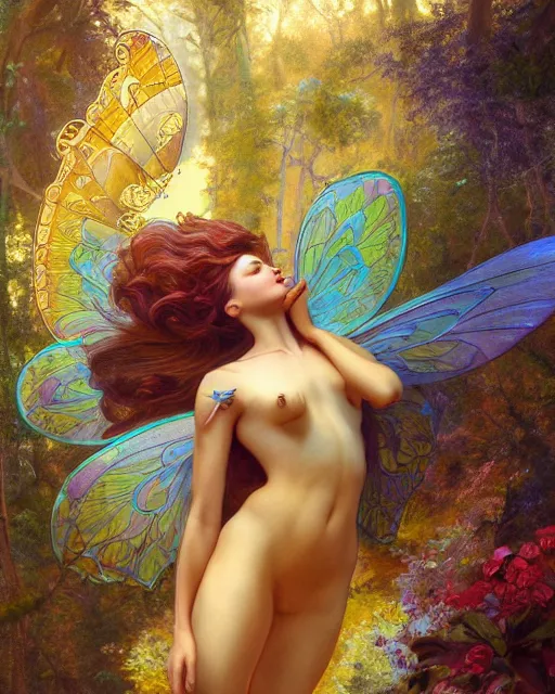 Image similar to a beautiful fairy in a morning dreamland, full body, coherent design, symmetrical, vivid color, complementary color, golden ratio, detailed, sharp lines, intricate, rainbowshift, by james gurney, by peter mohrbacher, by alphonse mucha, by maxfield parrish, by karol bak, waterhouse, octane render