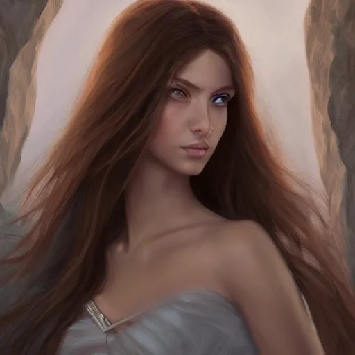 Image similar to A portrait of an attractive young female earth angel, beautiful long brown hair, rocks and stones, intricate, highly detailed, elegant, digital painting, trending on artstation