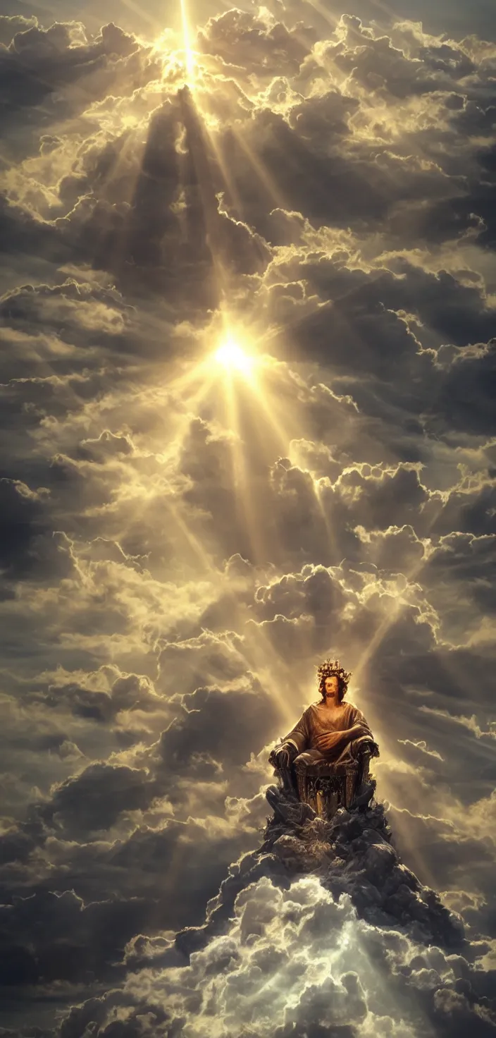 Prompt: God sitting on his throne atop a pillar of cloud, surrounded by swarms of angels, crepuscular rays, warm lighting