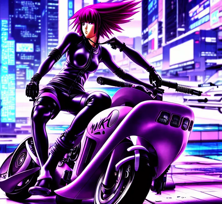 Prompt: motoko kusanagi riding a cyberpunk vehicle in a grungy cyberpunk megacity, bosozoku gang war, cyberpunk vaporwave, artgerm, sola digital arts, anti aliasing, raytracing