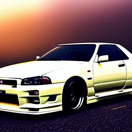 Image similar to a car Nissan Skyline GTR at illegal car meet, Saitama prefecture, city sunset mist lights, cinematic color, photorealistic, highly detailed, 200MM