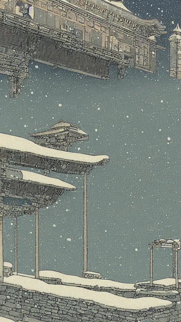 Prompt: a beautiful ancient bathhouse with a bathing alien creature in the winter by hasui kawase