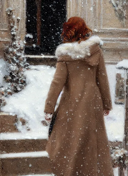 Prompt: back of emma stone in beige coat, walking into new york apartment building in winter, close up of wreath on door, snow, artwork by gaston bussiere, craig mullins, trending on artstation