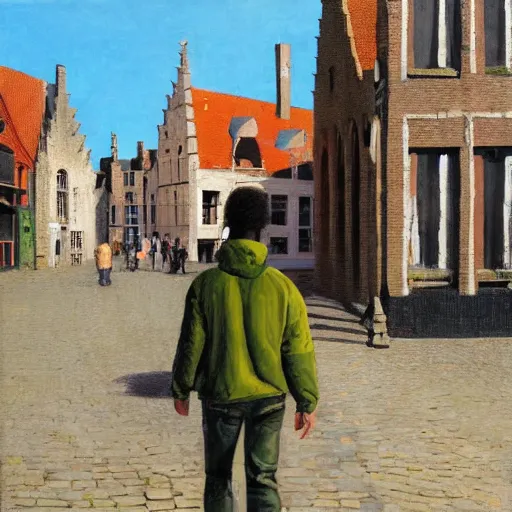 Image similar to bob marley walking in bruges, painted by scott listfield, sunny, happy