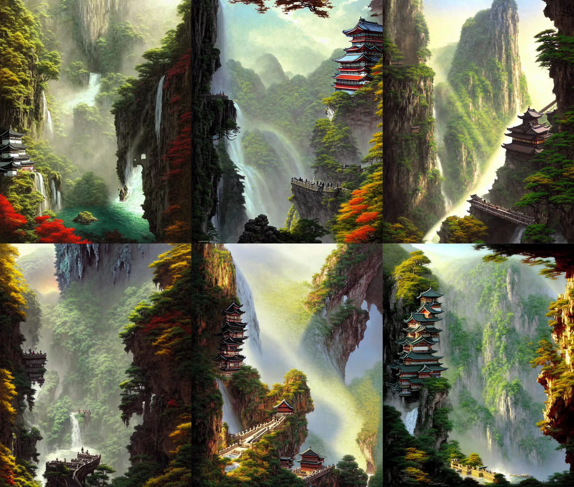 Prompt: establishing wide shot inside han son doong with waterfalls on either side of the cliff walls, at the top of the cliff is a japanese castle, a cloister is built into the cliff walls, an old suspension bridge spans the walls, sunny morning light, sunbeam, saturated colors, detailed digital concept art by greg rutkowski and albert bierstadt and gerald brom