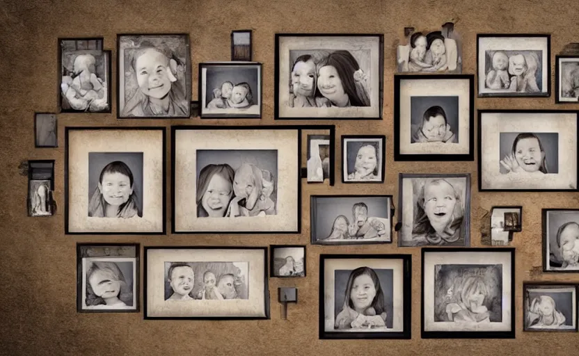 Image similar to storybook illustration of family photo portraits in picture frames on a wall, watercolor, sepia tints