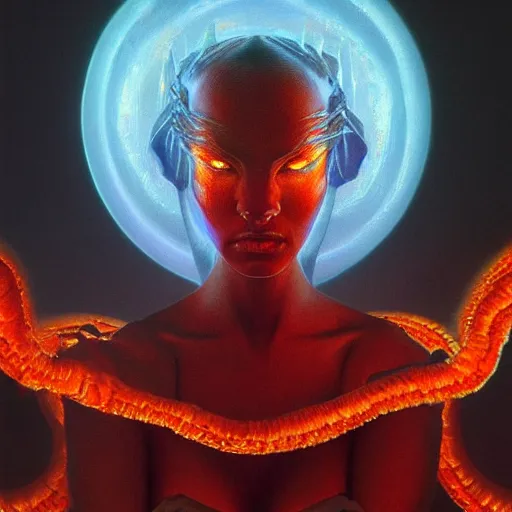 Image similar to A stunning portrait of a goddess, her body made of flames, by Wayne Barlowe, 8K UHD, intricate, fantasy, Trending on artstation.