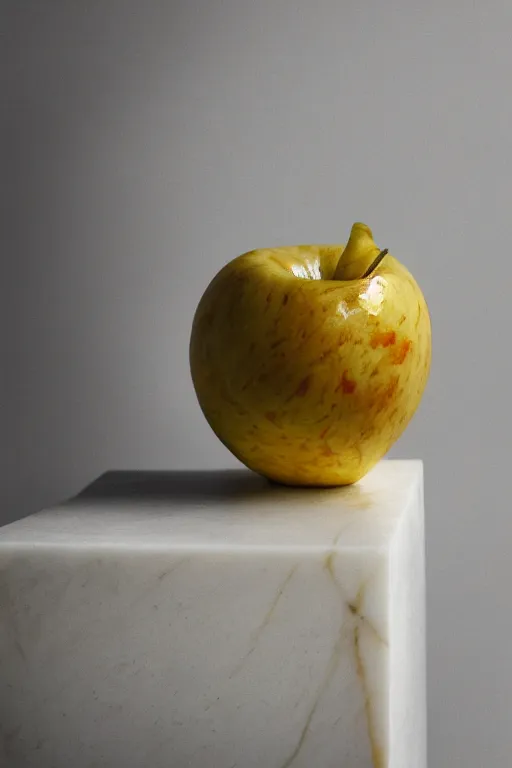 Image similar to Photo of a calacatta marble sculpture of an apple with dripping gold paint, studio lighting, high resolution, award winning.