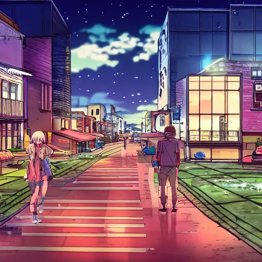 Image similar to modern anime still of an overview of a small coastal Florida town at night, downtown in the distance, key anime visuals