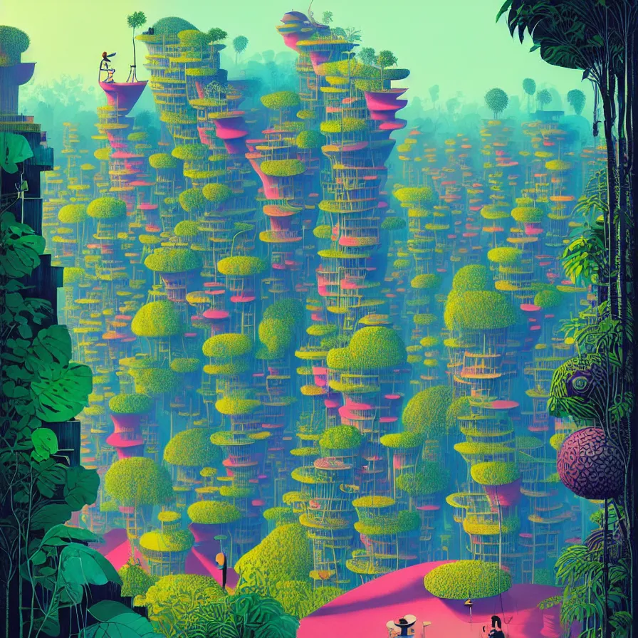 Image similar to surreal gediminas pranckevicius, malaysia jungle, summer morning, very coherent and colorful high contrast art by james gilleard james gurney floralpunk screen printing woodblock, habitat 6 7, dark shadows, pastel color, hard lighting, stippled light, art nouveau, film noir