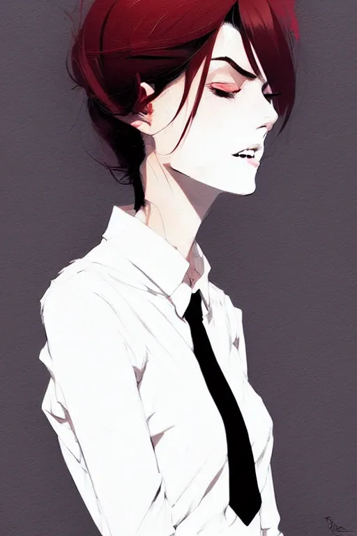 Image similar to a ultradetailed beautiful panting of a stylish woman, she is wearing a white shirt with a tie and black pants, by conrad roset, greg rutkowski and makoto shinkai trending on artstation