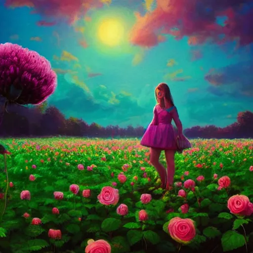 Image similar to large rose for face, girl frontal in a flower field, surreal photography, sunrise dramatic light, impressionist painting, colorful clouds, digital painting, artstation, simon stalenhag