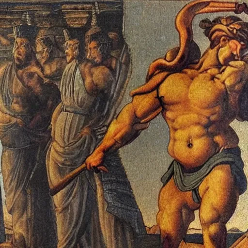 Image similar to Hercules gaining weight after retirement, Greek vase art