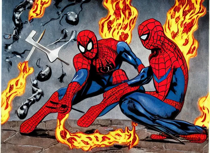 Prompt: comic art of spider - man slicing batman in half with a flaming battle axe by salvador dali and hiyao miyazaki