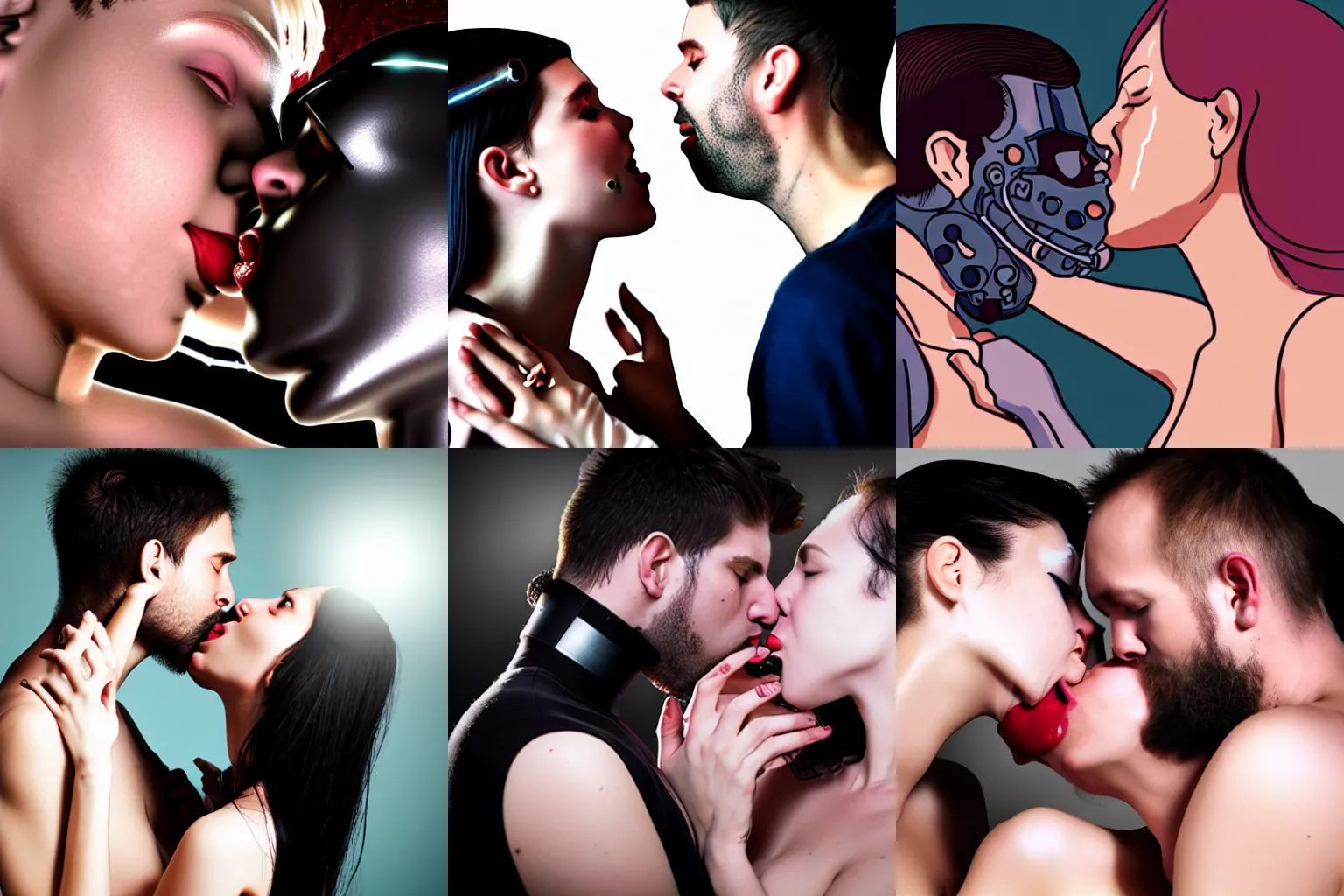 Prompt: polyamorous cyborgs kissing and caressing lovingly