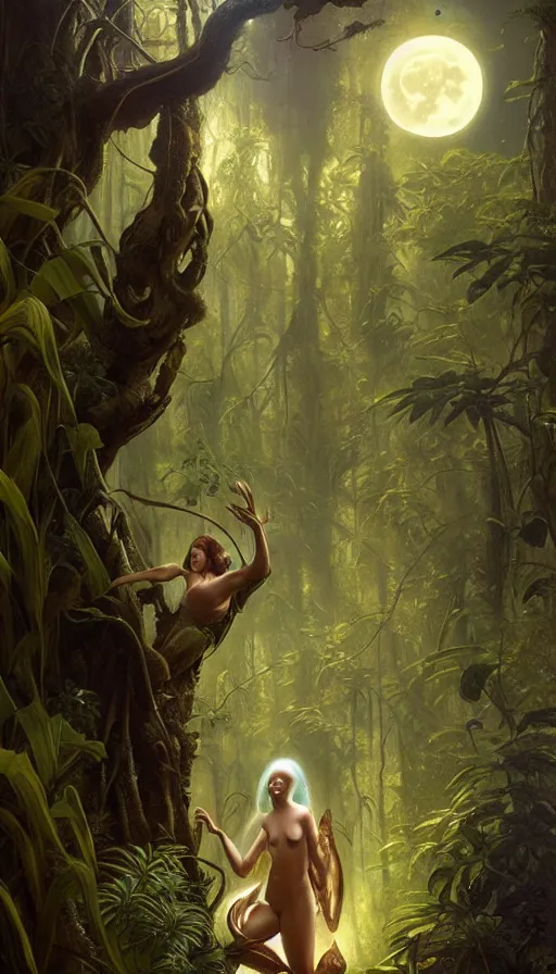 Prompt: hyper realistic alien, lush plants, full moon, light rays, gnarly trees by tom bagshaw, mucha, gaston bussiere, craig mullins, j. c. leyendecker 8 k