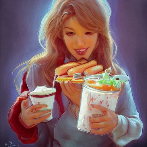 Image similar to hot dogs and yogurt is a messy eating contest, wlop, artgerm, mucha