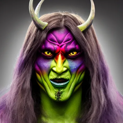 Image similar to a demon inspired by a rainbow created by the make up artist hungry, photographed by andrew thomas huang, cinematic, expensive visual effects