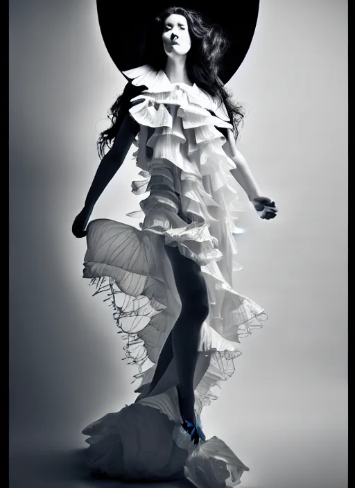 Image similar to a full body portrait of a woman by justin ridler wearing an intricate billowing dress, face in the style of irakli nadar