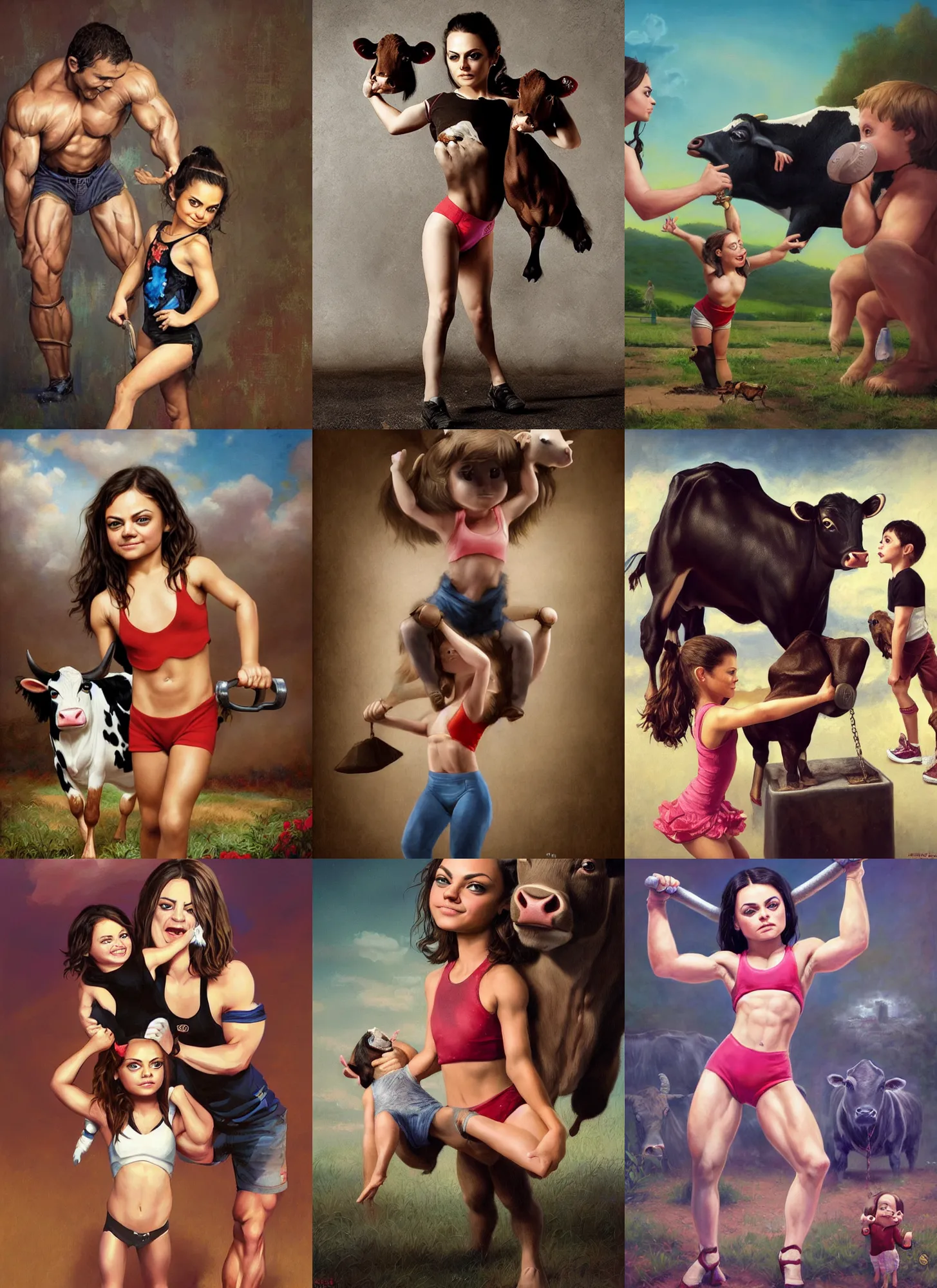 Image similar to little bodybuilder mila kunis lifting a cow, wlop, steve argyle, ilya kuvshinov, ralph horsley, rossdraw, mark ryden, daniel f. gerhartz, sophie anderson, lilia alvarado, tom chambers