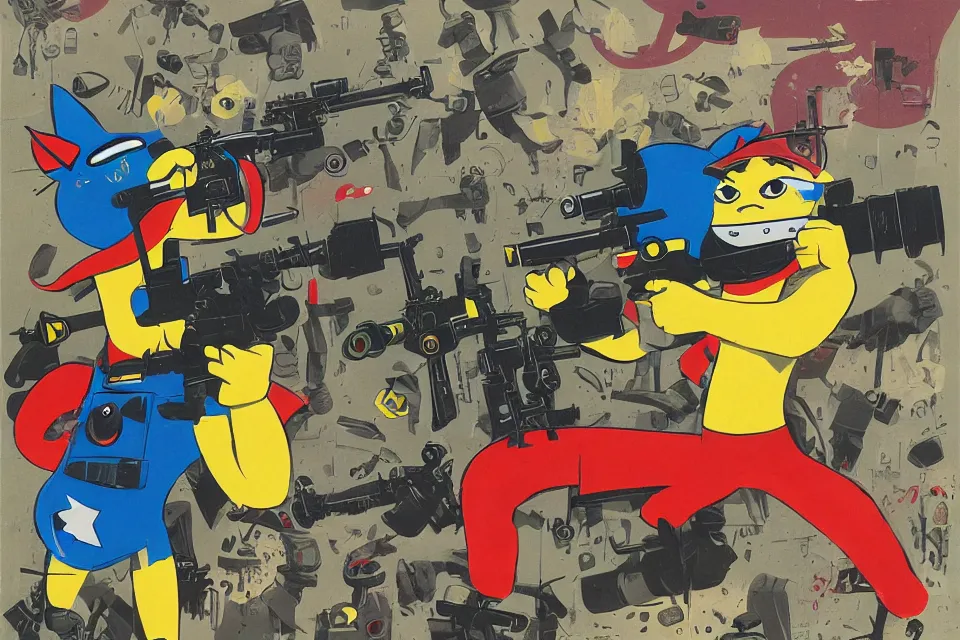 Image similar to concept paintings of supersoaker bazookas with cat-headed ammo, by jamie hewlett