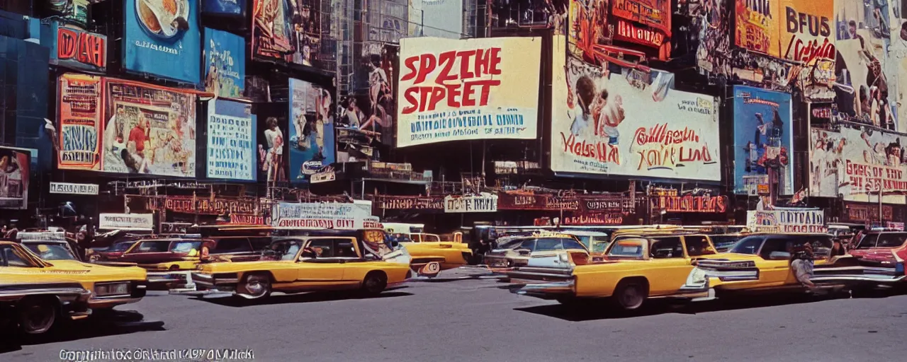 Prompt: advertisements of spaghetti in time square, 1 9 7 0's, fine detail, kodachrome