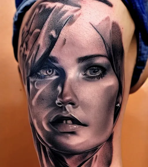 Image similar to hyper realism tattoo sketch of a beautiful woman face double exposure effect with beautiful mountain scene, in the style of matteo pasqualin, amazing detail, sharp, faded