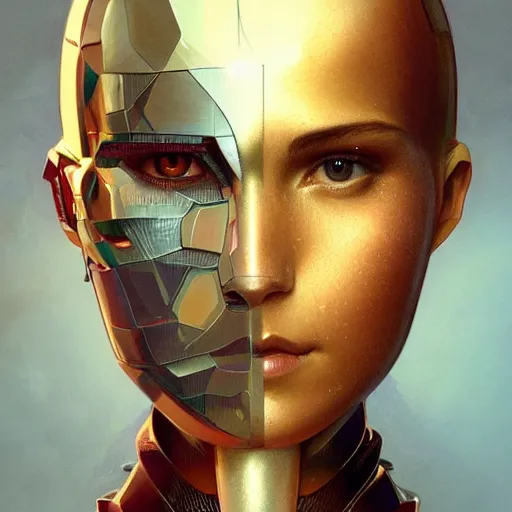 Image similar to headshot of humanoid robot from ex machina, intricate, headshot, highly detailed, digital painting, artstation, concept art, sharp focus, cinematic lighting, illustration, art by artgerm and greg rutkowski, alphonse mucha, cgsociety