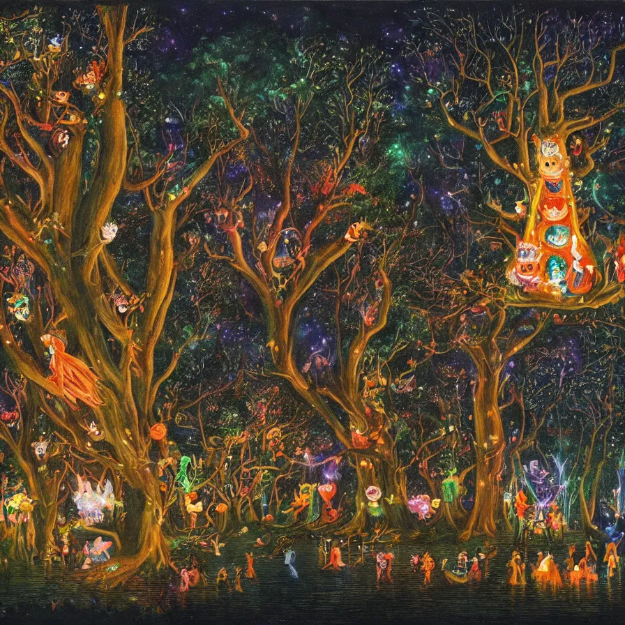 Image similar to a night carnival around a magical tree cavity, with a surreal orange moonlight and fireworks in the background, next to a lake with iridiscent water, christmas lights, folklore animals and people disguised as fantastic creatures in a magical forest by summer night, masterpiece painted by richard burchett, dark night environment