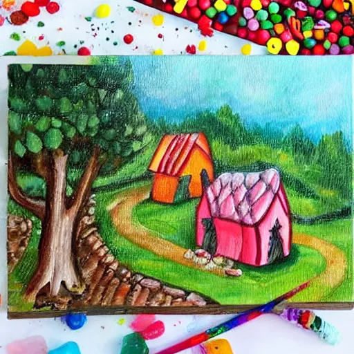 Prompt: realistic painting of a cute little village in the woods, but it is raining candy and sprinkles