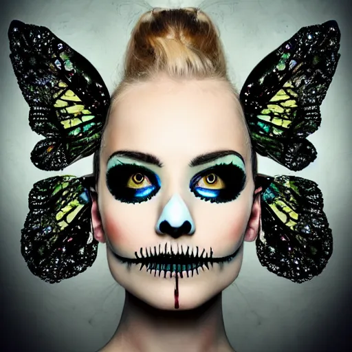 Image similar to a professional photoshoot, skull face pale beauty with crystal firefly wings, a devianart photograph