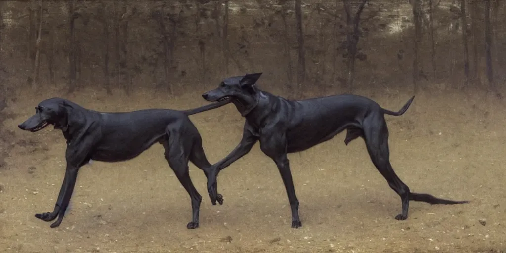 Prompt: black greyhounds running in the night, dark environment, by wiliam bouguereau, nicola samori and andrew wyeth. highly detailed, realistic. dark atmosphere